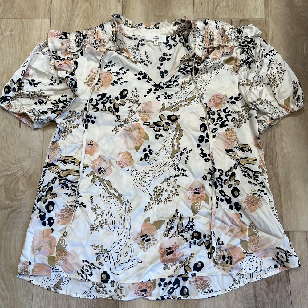 Entro Top Womens S White Floral Puff Sleeve Ruffle V Neck‎ Summer Blouse